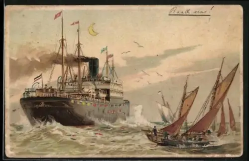 Lithographie Dampfer und Segelschiff auf hoher See mit leuchtendem Mond, Halt gegen das Licht