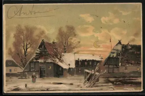 Lithographie Winterlich verschneites Dorf, Leuchtende Fenster und leuchtender Mond, Halt gegen das Licht