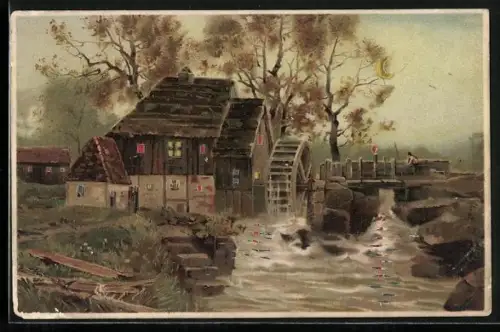 Lithographie Wassermühle mit beleuchteten Fenstern, Halt gegen das Licht