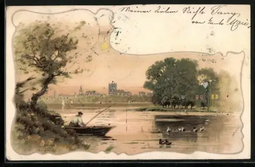 Lithographie Angler auf einem See, Abendliche Beleuchtung im Gegenlicht, Halt gegen das Licht