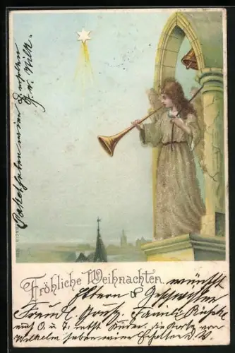 Glitzer-Perl-AK Weihnachtsengel mit Perlen bläst die Fanfare