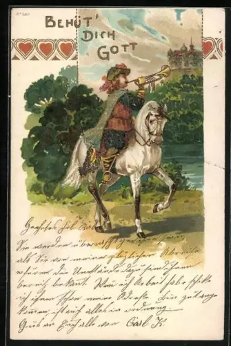 Glitzer-Perl-AK Behüt Dich Gott!, Trompeter von Säckingen mit Glitzer-Perlen