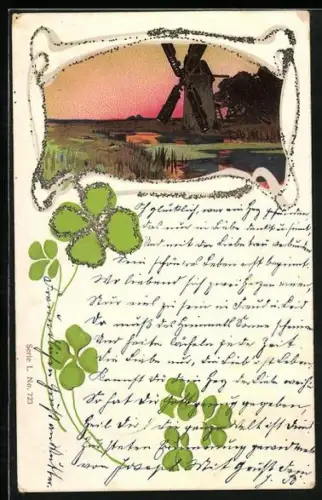 Glitzer-Perl-AK Mühle bei Sonnenuntergang, Kleeblätter mit Glitzer-Perlen