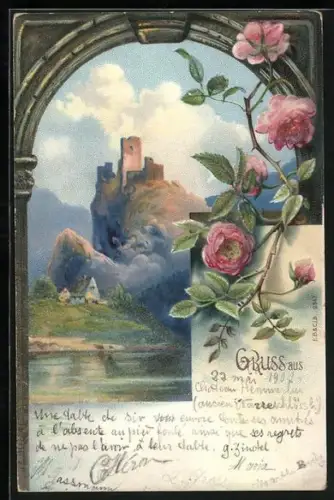 Glitzer-Perl-AK Blick zur Burgruine, Glitzernde Rosen