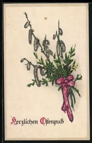 Glitzer-Perl-AK Weidenkätzchen mit Schleife mit Glitzer-Perlen