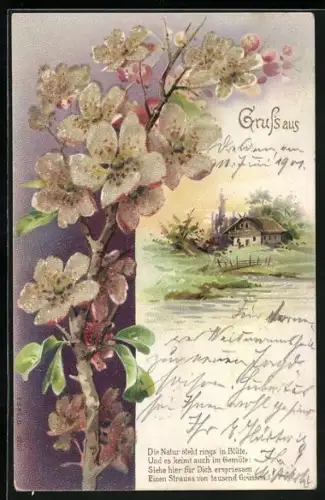 Glitzer-Perl-AK Ast eines Kirschbaumes mit glitzernden Blüten, Haus am Fluss