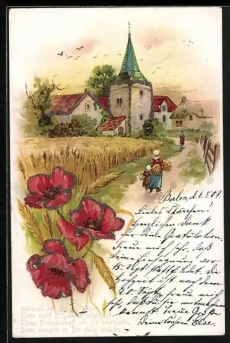Glitzer-Perl-AK Weizenfeld mit Blick zur Kirche, Mohnblumen und Kirche mit Glitzer-Perlen verziert