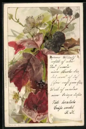 Glitzer-Perl-AK Brombeeren am Strauch mit Perlen verziert