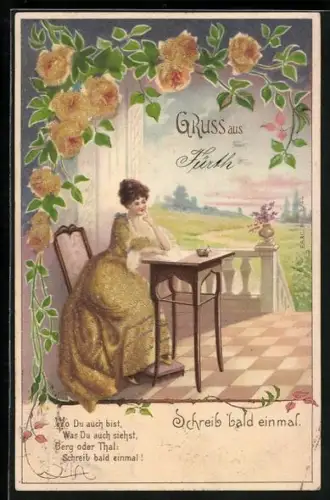 Glitzer-Perl-AK Junge Dame in glitzerndem gelben Kleid schreibt einen Brief umgeben von glitzernden Rosen