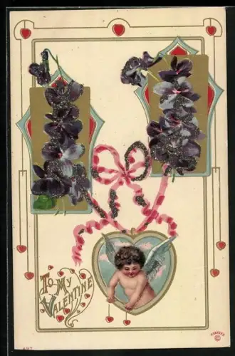 Glitzer-Perl-AK Engel mit Herzen, Veilchen und Schleife mit Glitzer-Perlen