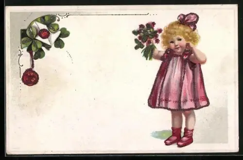 Glitzer-Perl-AK Mädchen in glitzerndem rosanen Kleid mit Blumenstrauss