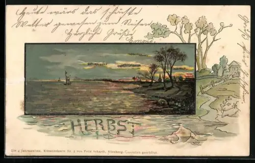 Glitzer-Perl-AK Uferpartie in Dämmerlicht mit glitzerndem Wasser