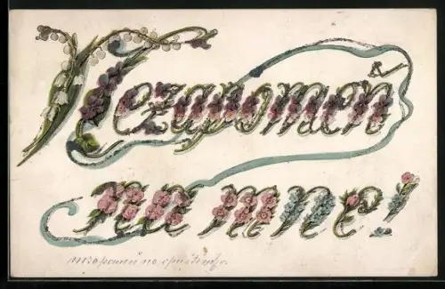 Glitzer-Perl-AK Schriftzug Nezapomen na mne! aus Blumen mit Glitzer-Perlen