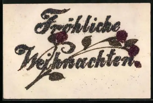 Glitzer-Perl-AK Schriftzug Fröhliche Weihnachten mit Blumen mit Glitzer-Perlen verziert