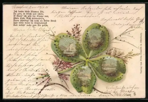 Glitzer-Perl-AK Idyllische Landschaften im Kleeblatt-Passepartout mit Glitzer-Perlen