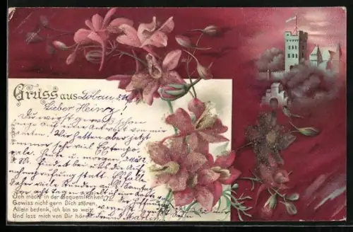 Glitzer-Perl-AK Burg mit glitzernden Blumen, Gruss aus