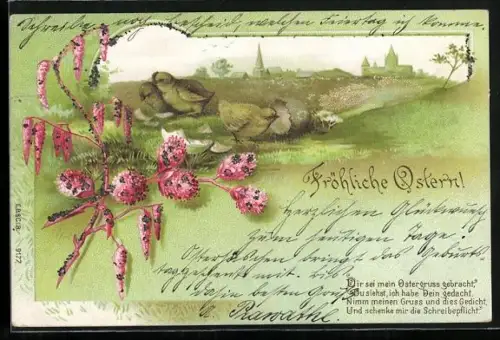 Glitzer-Perl-AK Frisch geschlüpfte Osterküken auf einer Wiese, Glitzerne Zweige