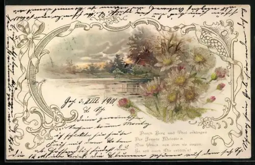 Glitzer-Perl-AK Idyllische Flusslandschaft mit glitzernden Blumen