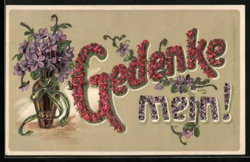 Glitzer-Perl-AK Schriftzug Gedenke mein aus Blumen mit Glitzer-Perlen