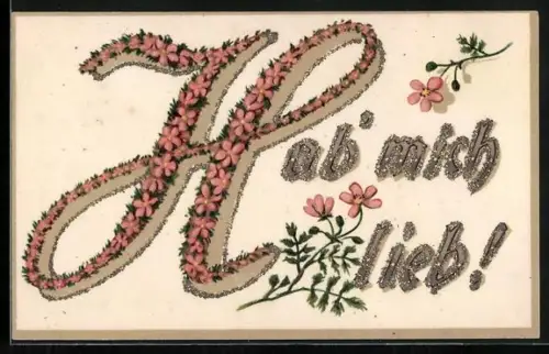 Glitzer-Perl-AK Schriftzug Hab mich lieb aus Blumen mit Glitzer-Perlen