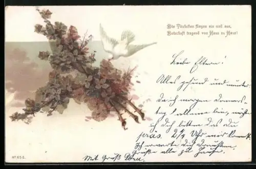 Glitzer-Perl-AK Weisse Taube mit glitzernden Blumen