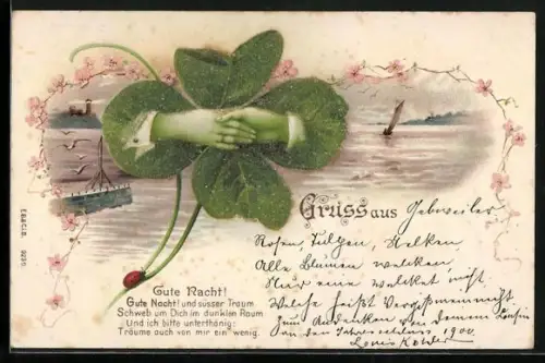Glitzer-Perl-AK Männer- und Frauenhand berühren sich in glitzerndem Kleeblatt, Leuchtturm, Segelboot