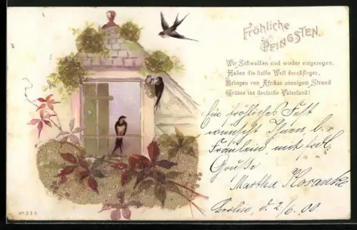 Glitzer-Perl-AK Schwalben nisten auf dem Dach eines Hauses umgeben von glitzernden Blättern