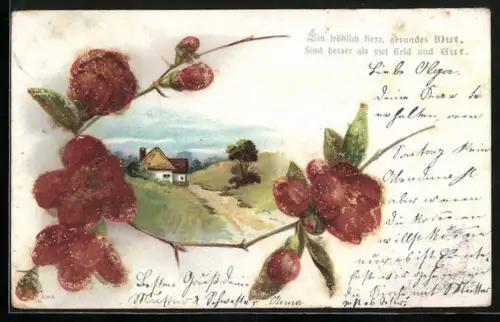 Glitzer-Perl-AK Idyllische Landschaft umrahmt von glitzernden Blüten