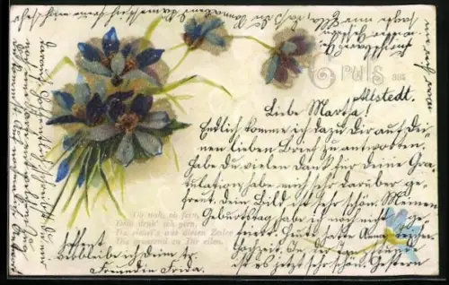 Glitzer-Perl-AK Lilane Blüten mit Glitzer-Perlen und Gedicht