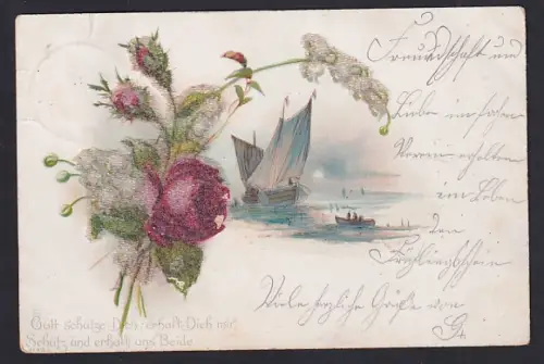 Glitzer-Perl-AK Glitzernde Rosen vor einem Segelschiff im Mondschein