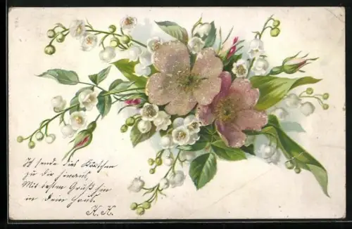 Glitzer-Perl-AK Blumenstrauss mit glitzernden rosanen Blüten