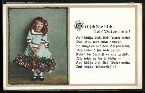 Glitzer-Perl-AK Mädchen mit Blumenkorb mit Glitzer-Perlen verziert