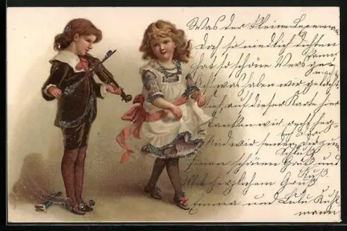 Glitzer-Perl-AK Zwei Kinder in glitzernder Kleidung tanzen und musizieren