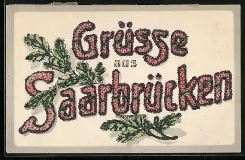 Glitzer-Perl-AK Saarbrücken, Schriftzug Grüsse aus Saarbrücken mit Glitzer-Perlen