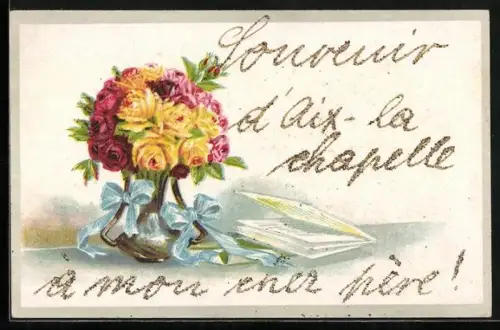 Glitzer-Perl-AK Strauss Rosen in einer Vase, Schriftzug mit Glitzer-Perlen