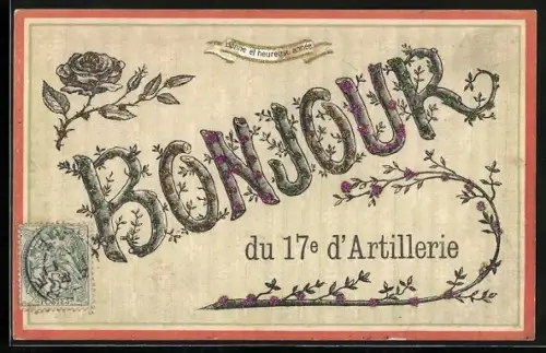 Glitzer-Perl-AK Schriftzug Bonjour du 17e d`Artillerie mit Glitzer-Perlen