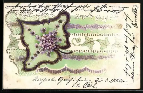 Glitzer-Perl-AK Lilane Blümchen mit Efeu, mit Glitzer-Perlen verziert