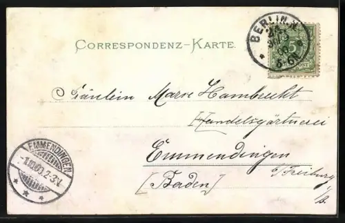 Glitzer-Perl-AK Lilane Blümchen mit Efeu, mit Glitzer-Perlen verziert