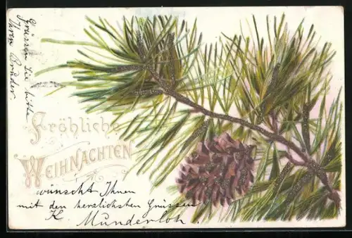 Glitzer-Perl-AK Tannenzweig mit Tannenzapfen mit Glitzer-Perlen verziert