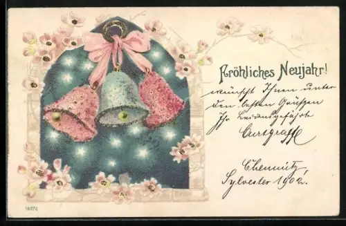 Glitzer-Perl-AK Drei Glocken aus Blumen mit Glitzer-Perlen, Fröhliches Neujahr