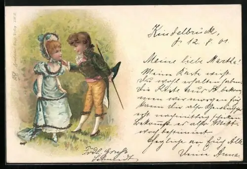 Glitzer-Perl-AK Zwei Kinder in historischer Kleidung mit Glitzer-Perlen