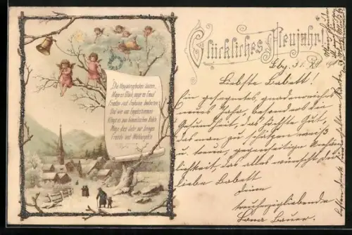 Glitzer-Perl-AK Engel in einem Baum über einem verschneiten Dorf, Rahmen mit Glitzer-Perlen