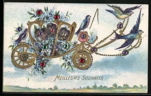 Glitzer-Perl-AK Schwalben ziehen eine Kutsche mit Blumen und mit Glitzer-Perlen