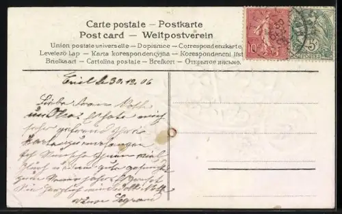 Glitzer-Perl-AK Schwalben ziehen eine Kutsche mit Blumen und mit Glitzer-Perlen