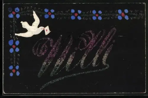 Glitzer-Perl-AK Name Nilli mit Glitzer-Perlen, Weisse Taube bringt einen Brief