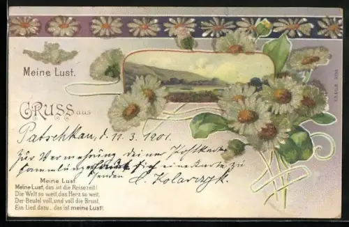 Glitzer-Perl-AK Meine Lust, Glitzernde Margeriten und Landschaftspanorama