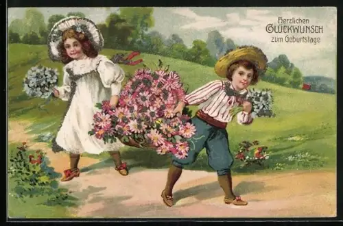 Glitzer-Perl-AK Zwei Kinder tragen einen Blumenkorb und Blumensträusse mit Glitzer-Perlen