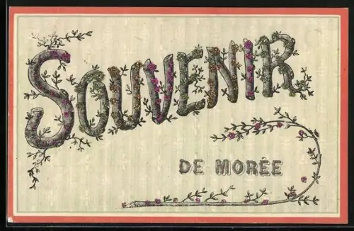 Glitzer-Perl-AK Schriftzug Souvenir de Morée mit Glitzer-Perlen