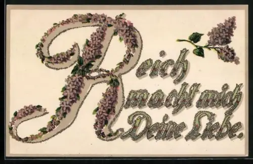 Glitzer-Perl-AK Schriftzug Reich macht mich deine Liebe mit Glitzer-Perlen