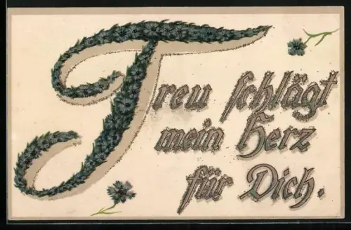 Glitzer-Perl-AK Schriftzug Treu schlägt mein Herz für Dich mit Glitzer-Perlen